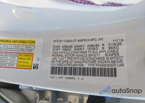 2020 Honda Accord Ex из США, поврежденный, VIN 1HGCV1F47LA031924